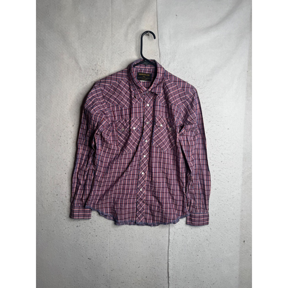 Rustler by Wrangler Mens XL Western Pearl Snap Shirt Red Blue Plaid Long Sleeve